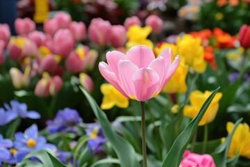 Fototapeta premium A vibrant garden bursting with colorful tulips and blossoms in full bloom during springtime