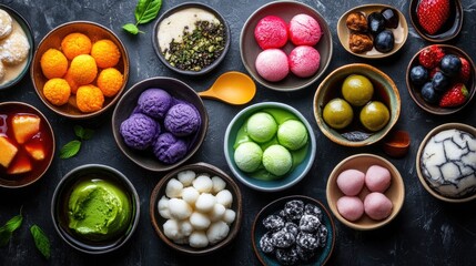 Colorful Variety of Desserts and Ice Creams in Bowls