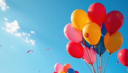 Colorful Dussehra balloons floating against a clear blue sky symbolizing joy freedom and the spirit of celebration.