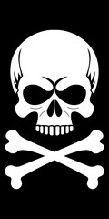 Skull and crossbones tattoo in black and white with hollow eye sockets and clenched teeth on dark background. Death symbol. Danger warning sign. Vector.