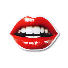 Fototapeta premium Sticker of realistic red lips and white teeth isolated on a white background.