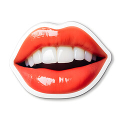 Sticker of realistic red lips and white teeth isolated on a white background.