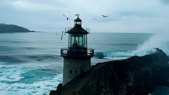 A 360-degree video of a solitary lighthouse on a rocky cliff, with crashing waves and seagulls circling overhead under natural light