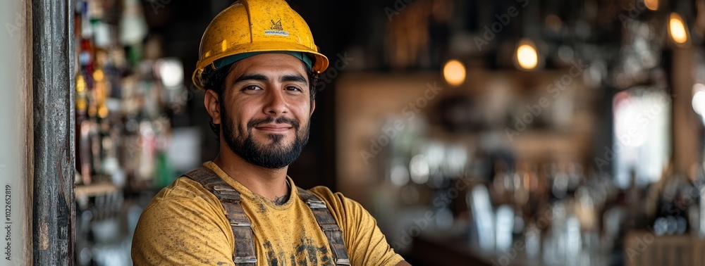 Poster man in a yellow shirt and hard hat is smiling for the camera. he is standing in front of a bar with 