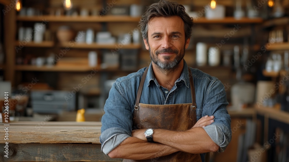 Poster man with a watch on his wrist stands in front of a counter with apron on. he is smiling and he is pr