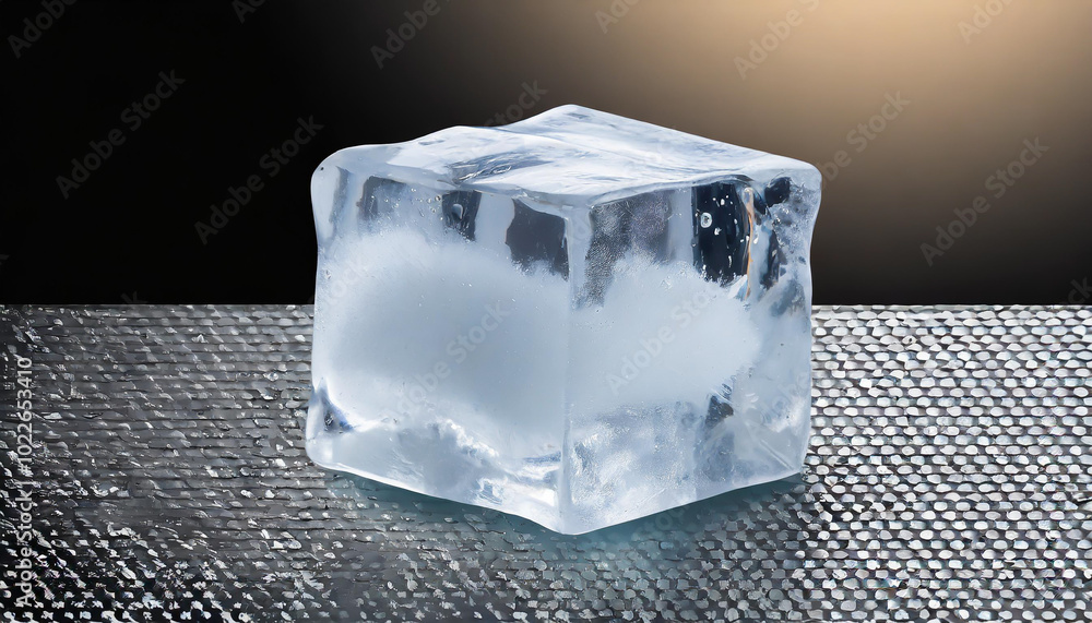 Poster glimmering ice cube on a textured surface illuminated by soft lighting during an indoor setting