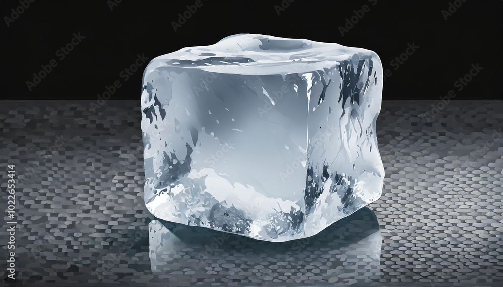 Poster a single transparent ice cube resting on a textured surface, reflecting light in a dimly lit environ