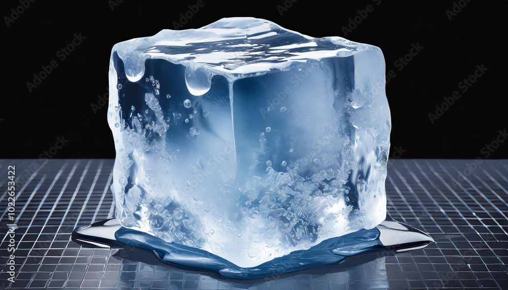 Poster a large ice cube resting on a reflective surface with a dark backdrop creates visual intrigue and ca
