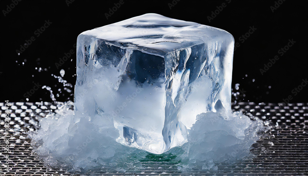 Poster a close-up view of a melting ice cube on a textured surface illuminating the clear structure and spl