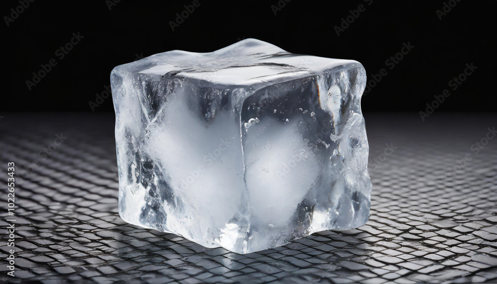Poster a single ice cube resting on a textured surface with a dark background