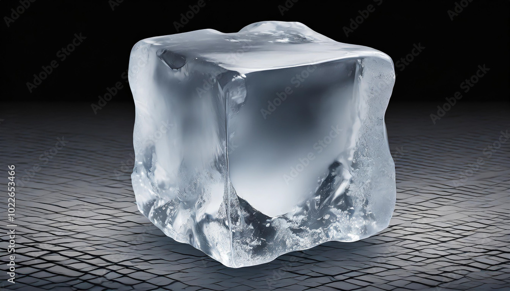 Poster a single clear ice cube resting on a textured surface in a dimly lit environment highlighting its cr