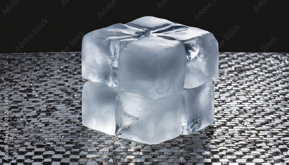 Poster a clear ice cube rests on a reflective surface, highlighting its shape and texture under soft lighti