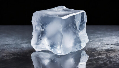 Close-up of a glistening ice cube on a reflective surface with soft lighting highlighting its clarity and texture
