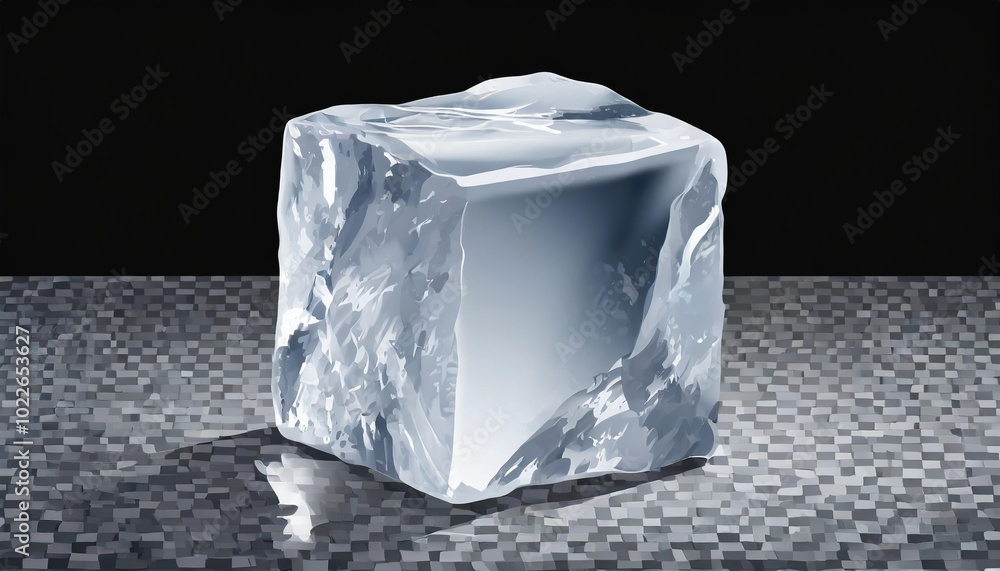 Poster a clear ice cube rests on a textured black and gray surface, showcasing its transparency and angular