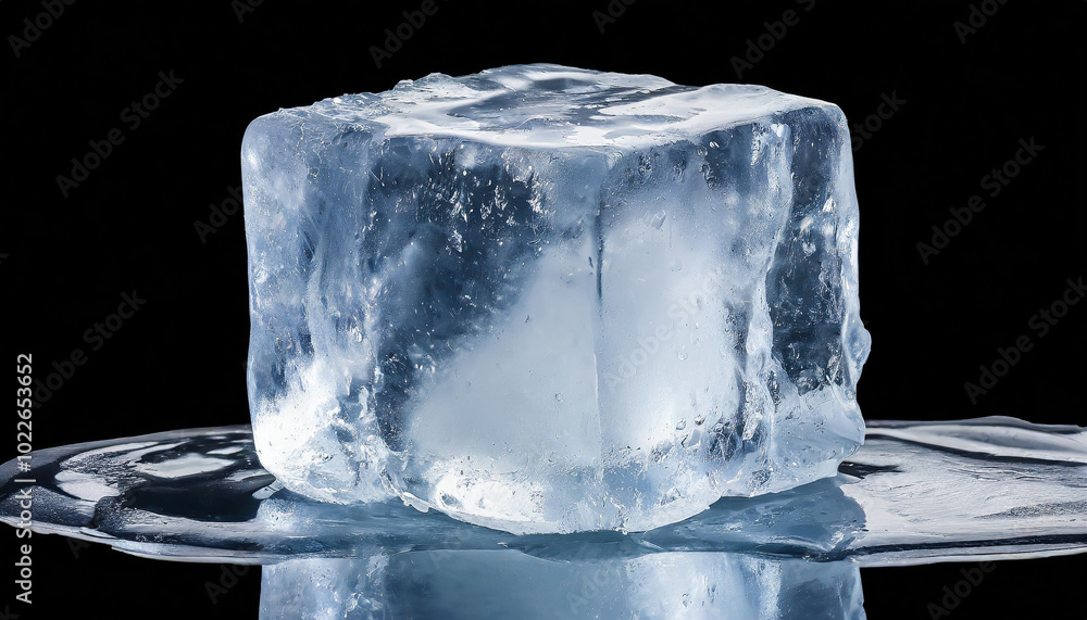 Poster a clear ice cube slowly melting on a reflective black surface, showcasing intricate texture and cool