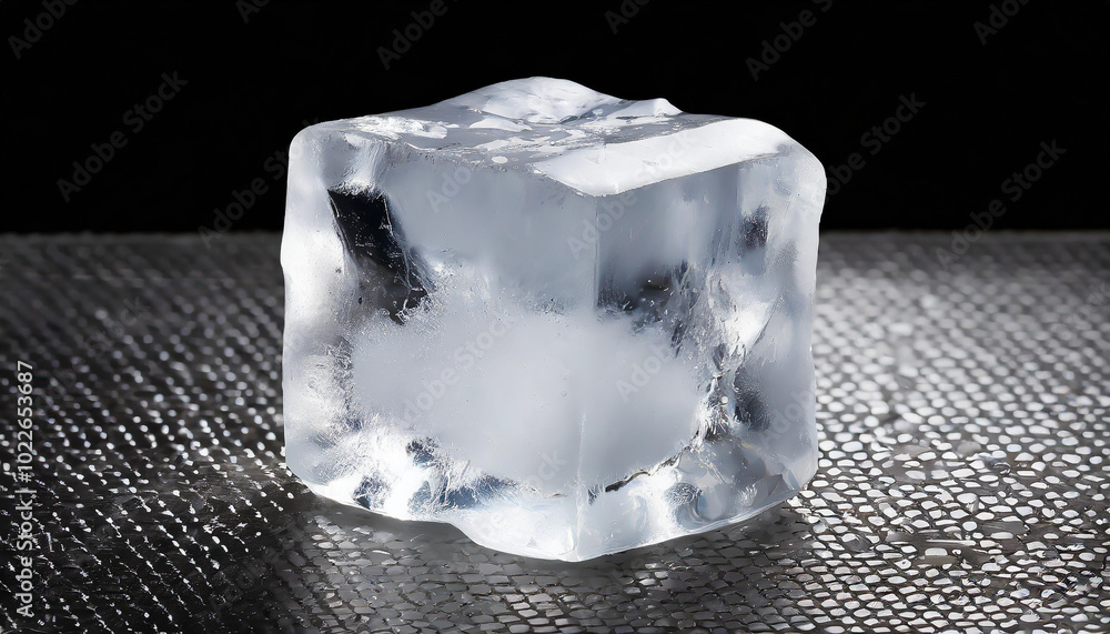 Poster a high-quality ice cube resting on a textured surface, showcasing its clarity and structure against 