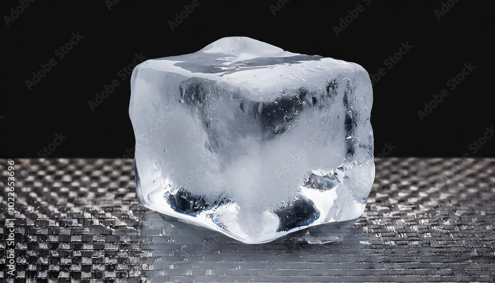 Poster a clear ice cube resting on a textured surface with a dramatic black background showcasing its textu