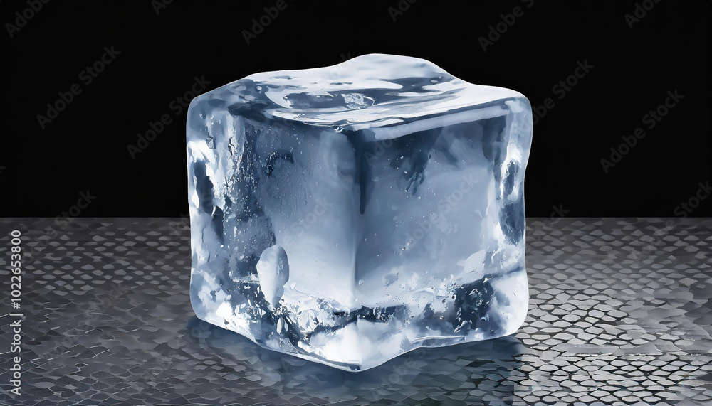 Poster a clear ice cube resting on a textured surface captured in a minimalist style against a dark backgro