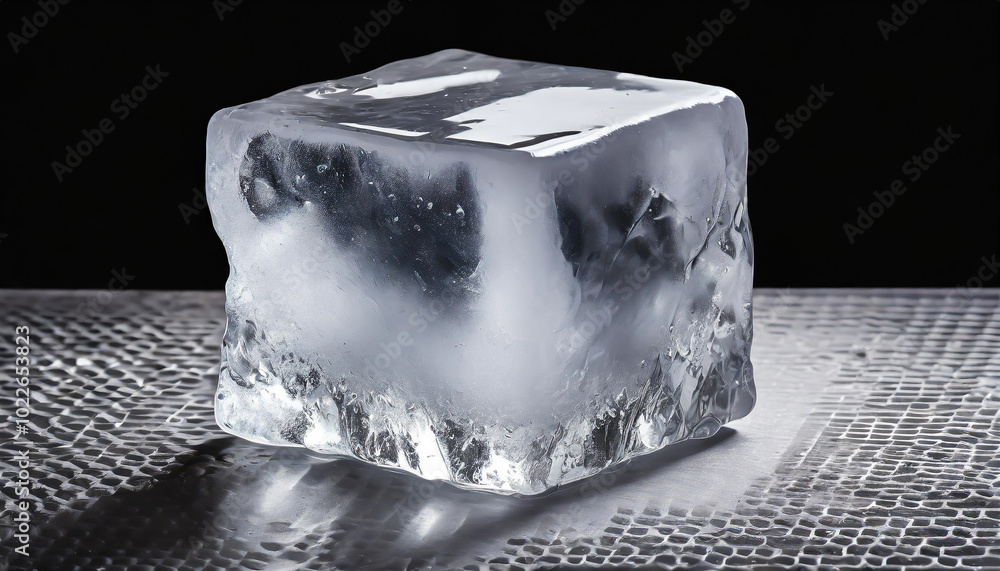 Poster a clear ice cube resting on a textured surface, illuminated against a dark background in a minimalis