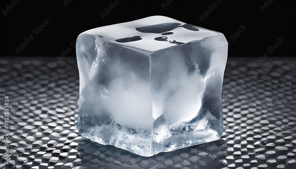 Poster a clear ice cube resting on a reflective surface with subtle water droplets in a dimly lit setting
