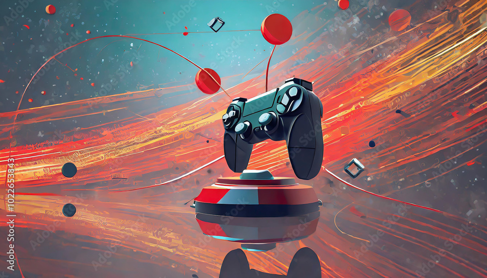 Poster Bold and colorful digital artwork of a game controller amidst abstract shapes and vibrant lines in a futuristic setting