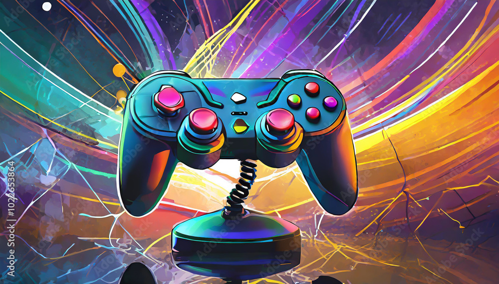 Poster a vibrant gaming controller illuminated against a colorful digital background representing modern ga