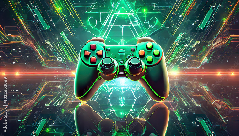 Aufkleber digital game controller surrounded by futuristic neon graphics in a modern gaming environment