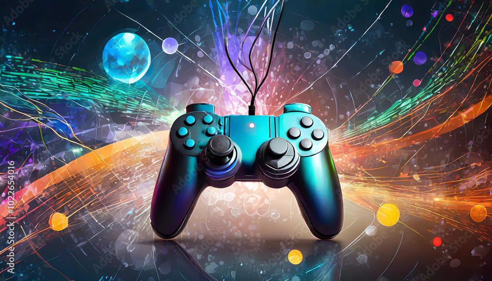 Poster a colorful gaming controller with dynamic shapes and patterns, set against a vibrant digital backgro