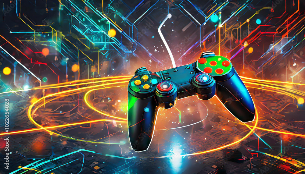Poster a vibrant gaming controller surrounded by a colorful abstract digital background in a futuristic des
