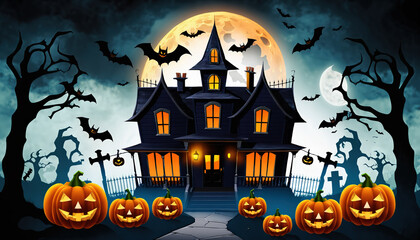 Halloween background with pumpkins, ghosts, bats and haunted house. 