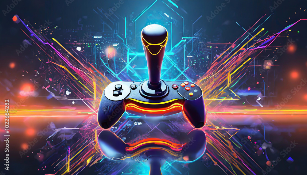 Aufkleber a futuristic game controller placed on a reflective surface with vibrant neon lights and digital ele