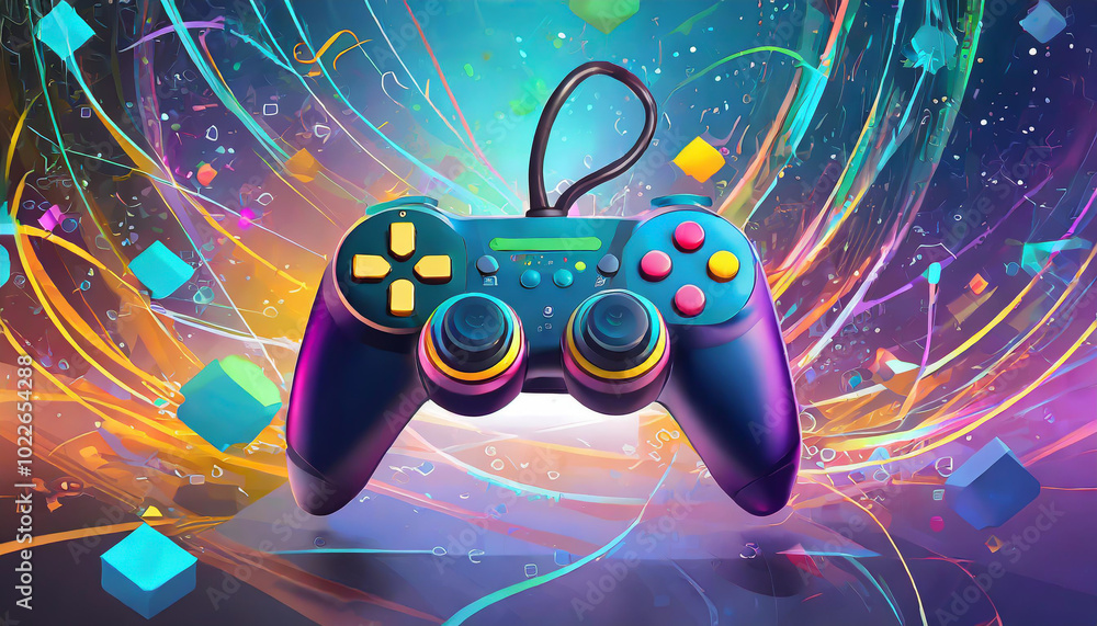 Aufkleber a vibrant gaming controller amidst colorful abstract shapes and patterns in a digital environment