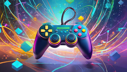 A vibrant gaming controller amidst colorful abstract shapes and patterns in a digital environment
