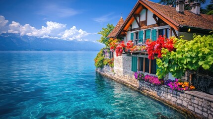 Obraz premium Tranquil Lakeside House with Colorful Flowers