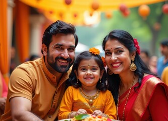 Obraz premium A joyful family celebrating Dussehra in traditional attire radiating happiness and togetherness in a festive setting.