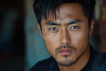 Obraz premium Man with a beard and dark hair is looking at the camera. He has a serious expression on his face