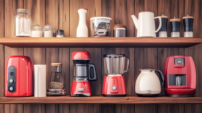 Stylish Red Kitchen Appliances on Wooden Shelf