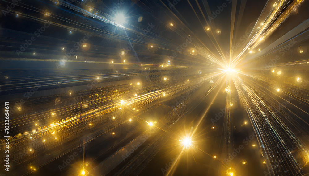 Poster bright light beams and sparkling particles illuminates a dark space, creating an ethereal atmosphere