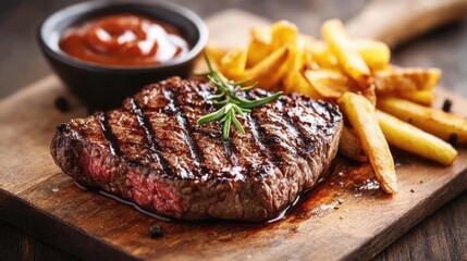 Juicy Grilled Steak with Fries and Barbecue Sauce