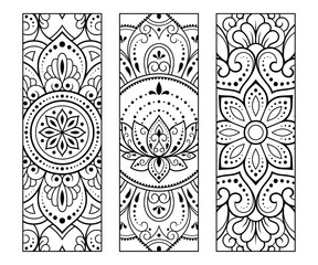 Printable bookmark for book - coloring. Set of black and white labels with flower patterns, hand draw in mehndi style. Sketch of ornaments for creativity of children and adults with colored pencils.