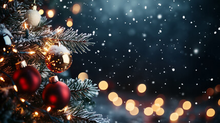 A dark, snowy winter scene with twinkling fairy lights wrapped around an evergreen branch.  Large, delicate snowflakes fall gently,  shiny Christmas baubles in red and gold