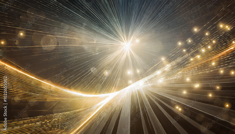Poster radiant light beams and golden streaks create an abstract display of energy in a dark space during a
