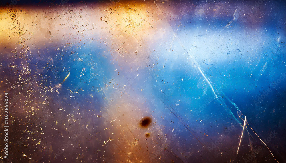 Poster a close-up view of an abstract surface showing scratches and colors of blue and brown under soft lig