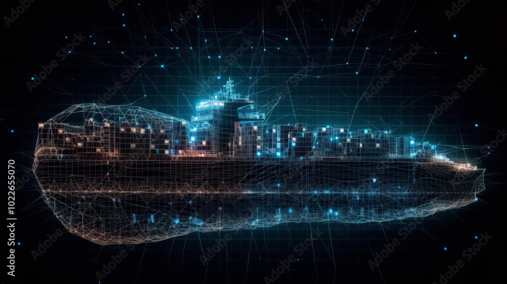 Poster a ship is shown in a computer generated image with a lot of lights