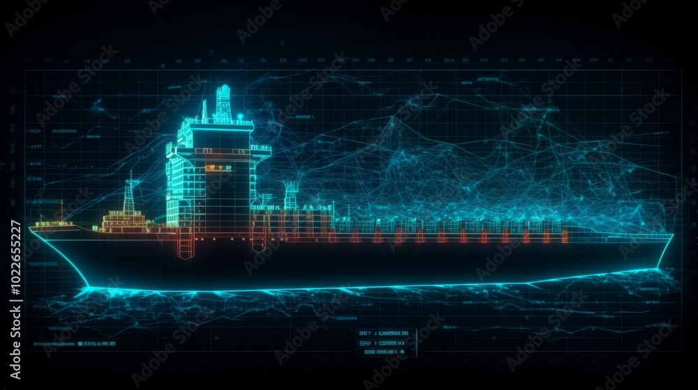 Poster a ship is shown in a computer generated image