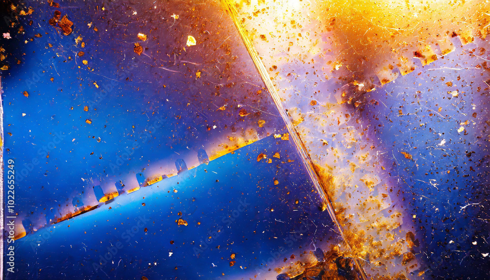 Poster close-up view of textured blue and orange metallic surface with scratches and particles illuminated 