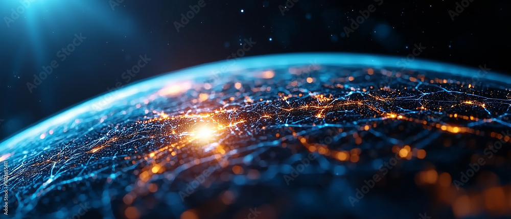 Poster stunning view of Earth from space, showcasing interconnected networks of light representing cities and technology. vibrant glow highlights digital landscape of our world