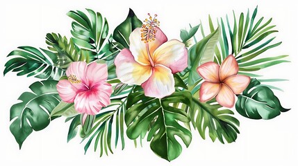 Vibrant Hibiscus Flower with Green Leaves Illustration - Illustrated image of a vibrant hibiscus flower with green leaves. Ideal for tropical themes, nature-inspired designs, and botanical projects.