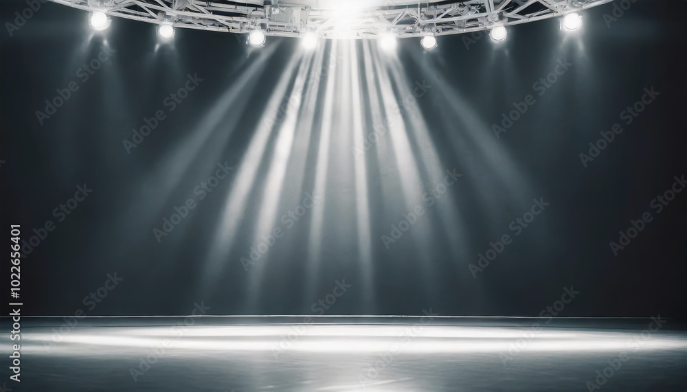 Poster bright stage lighting illuminating a performance area in a theater with a dark background during a c