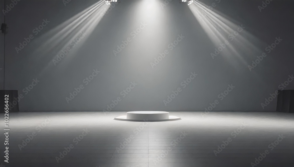 Poster a minimalist stage setup with spotlight illumination designed for performances in a spacious, empty 